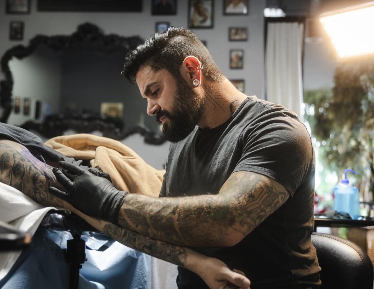 Inside Jesse Vickers private tattoo studio in Grand Blanc Michigan — natural light session